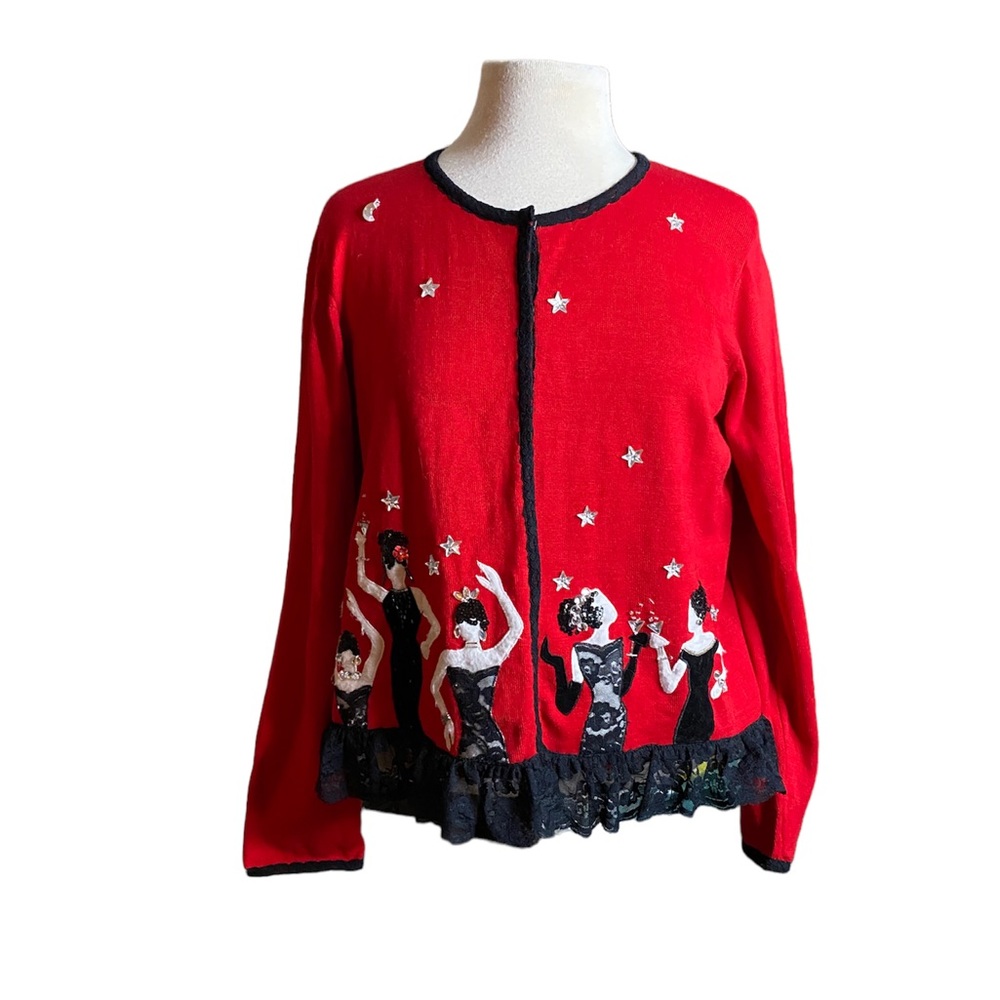 Christina Rotelli RARE appliqué symphony girls night cardigan red w/black trim L